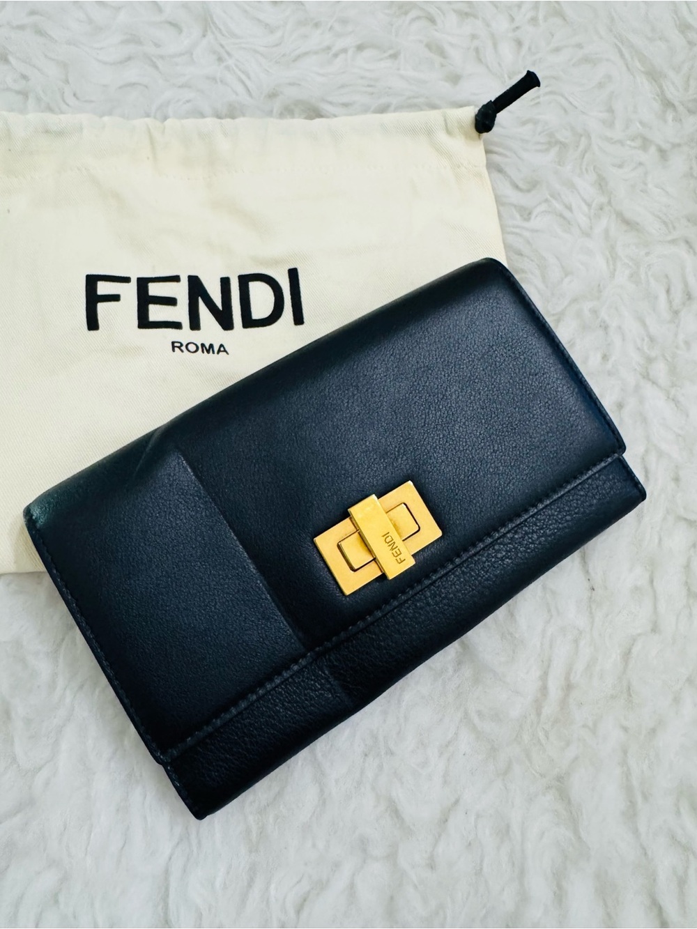 Fendi Black Leather Wallet with Gold Turn-Lock